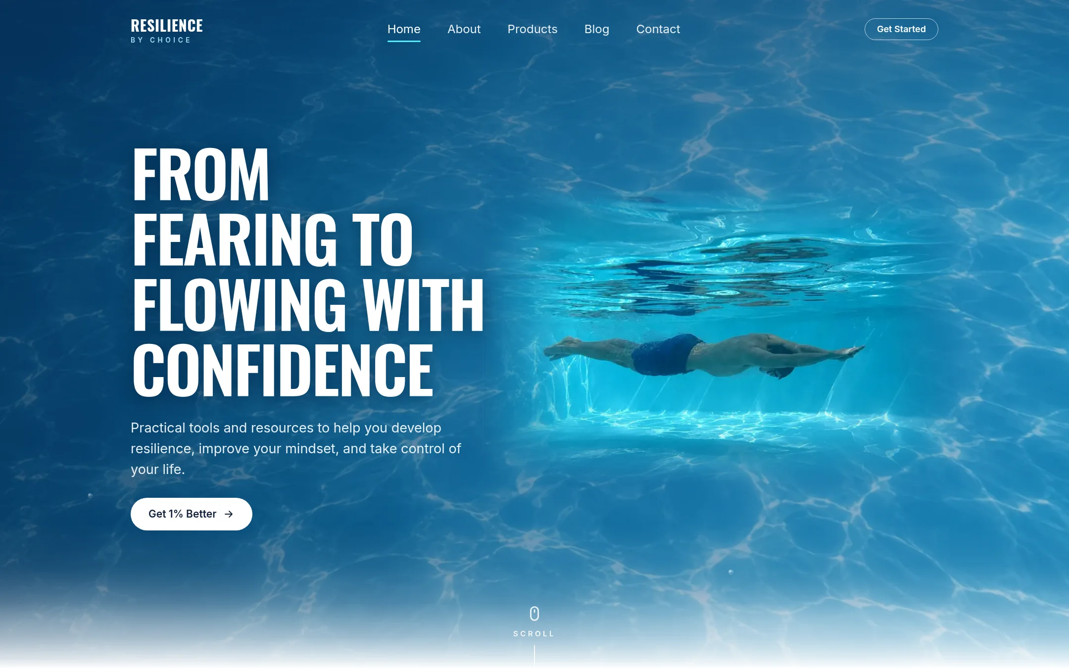Resilience by Choice homepage: a swimmer gliding underwater beneath the headline “From fearing to flowing with confidence”.